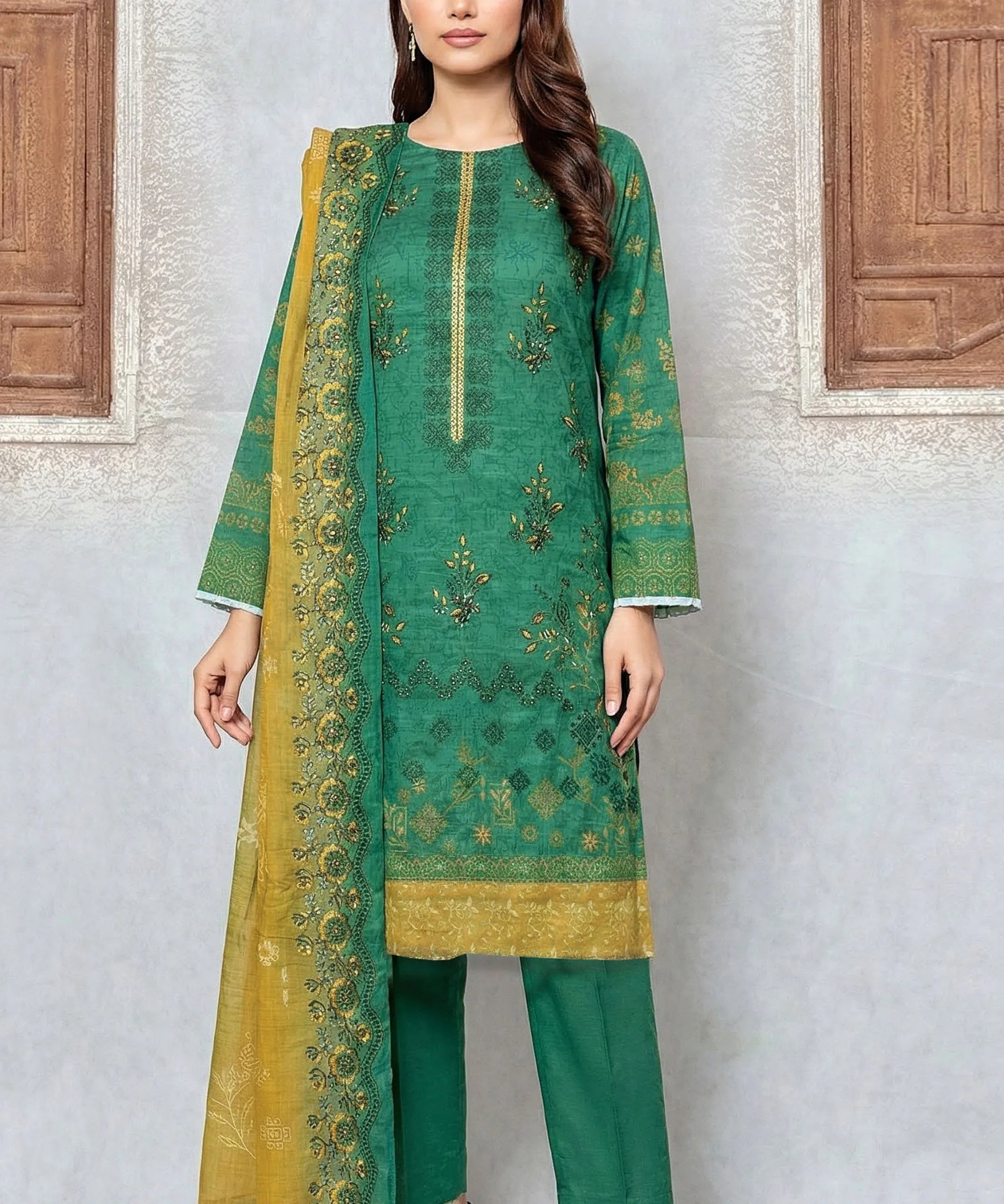 Dark Winter green Embroidered 3 Piece Suit Ful lView
