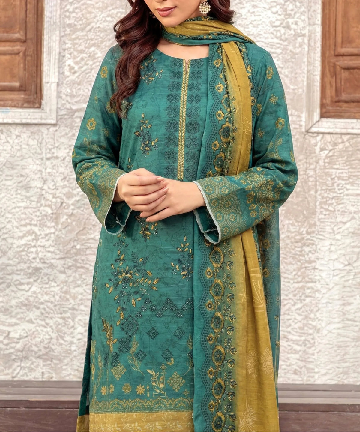 Dark Winter green Embroidered Unstitched Suit Neck line Embroidery Detail