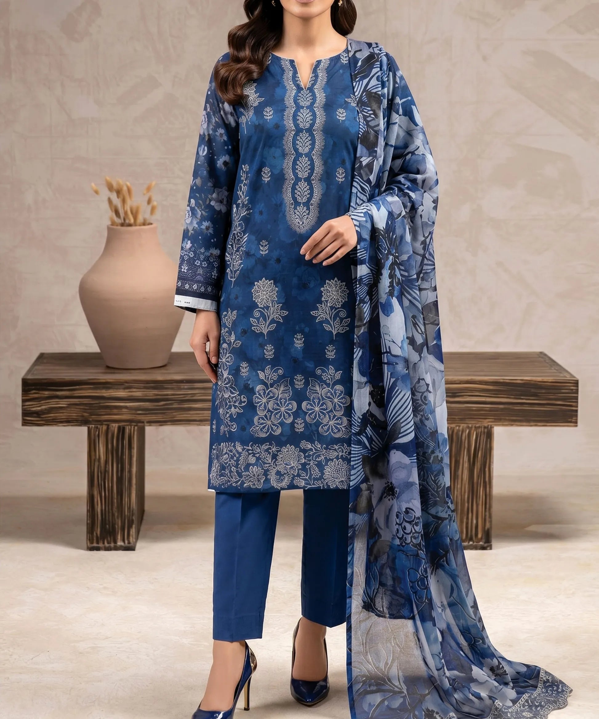 Deep Blue Embroidered 3Piece Suit Full View