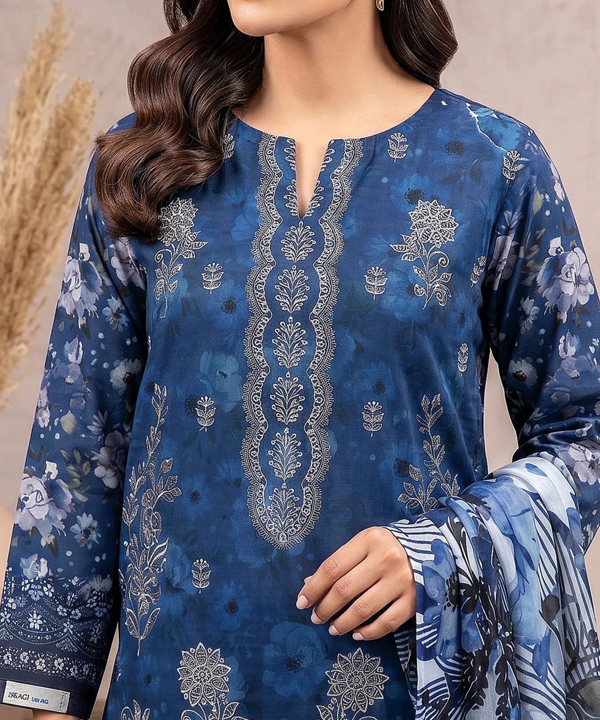 Deep Blue Embroidered Unstitched Suit Embroidery Detail