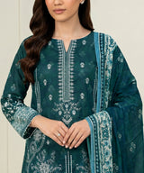 Deep Teal Embroidered Unstitched 3PC Suit Front View