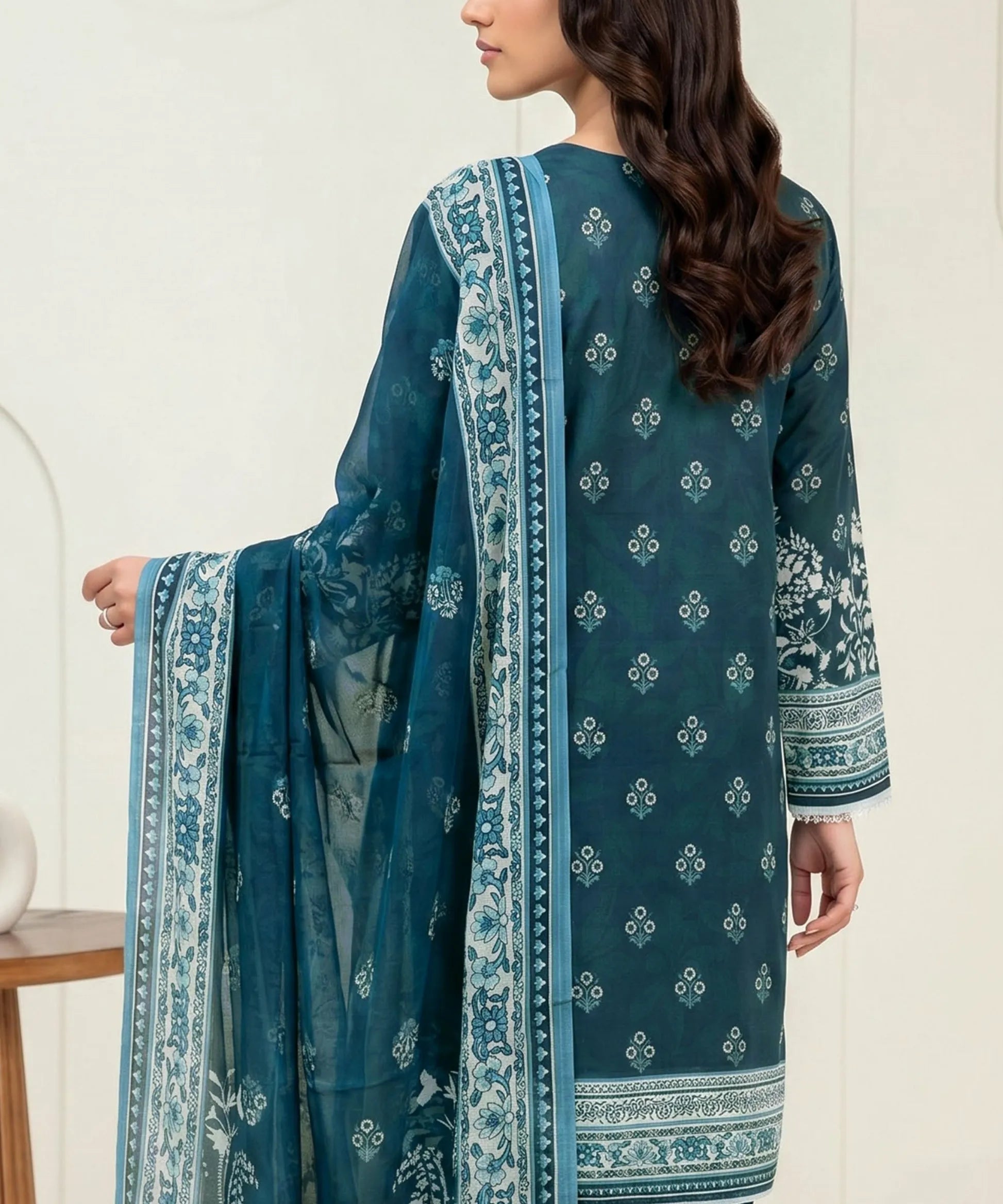 Deep Teal Unstitched 3PC Suit Printed Dupatta Design