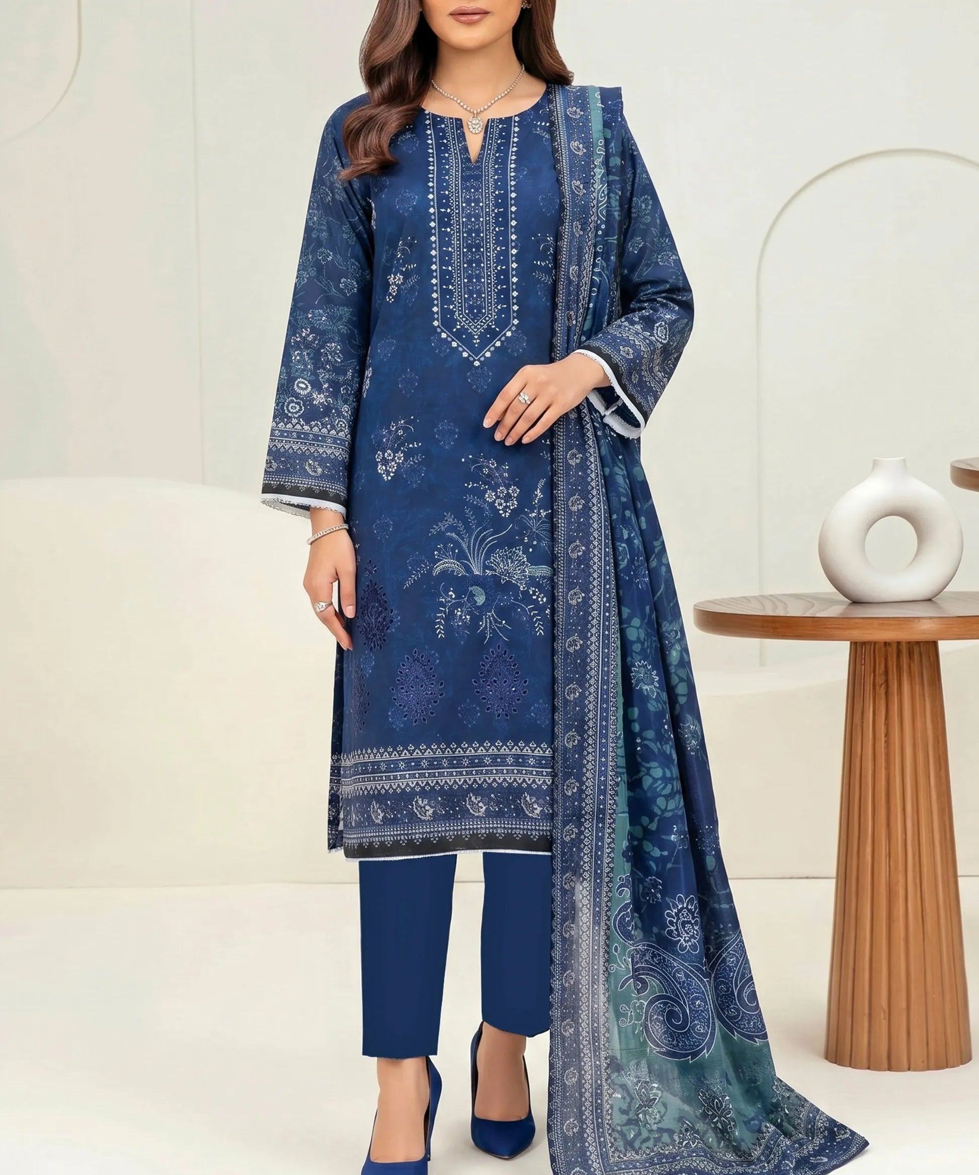 Delft Blue Embroidered 3Piece Suit Full View