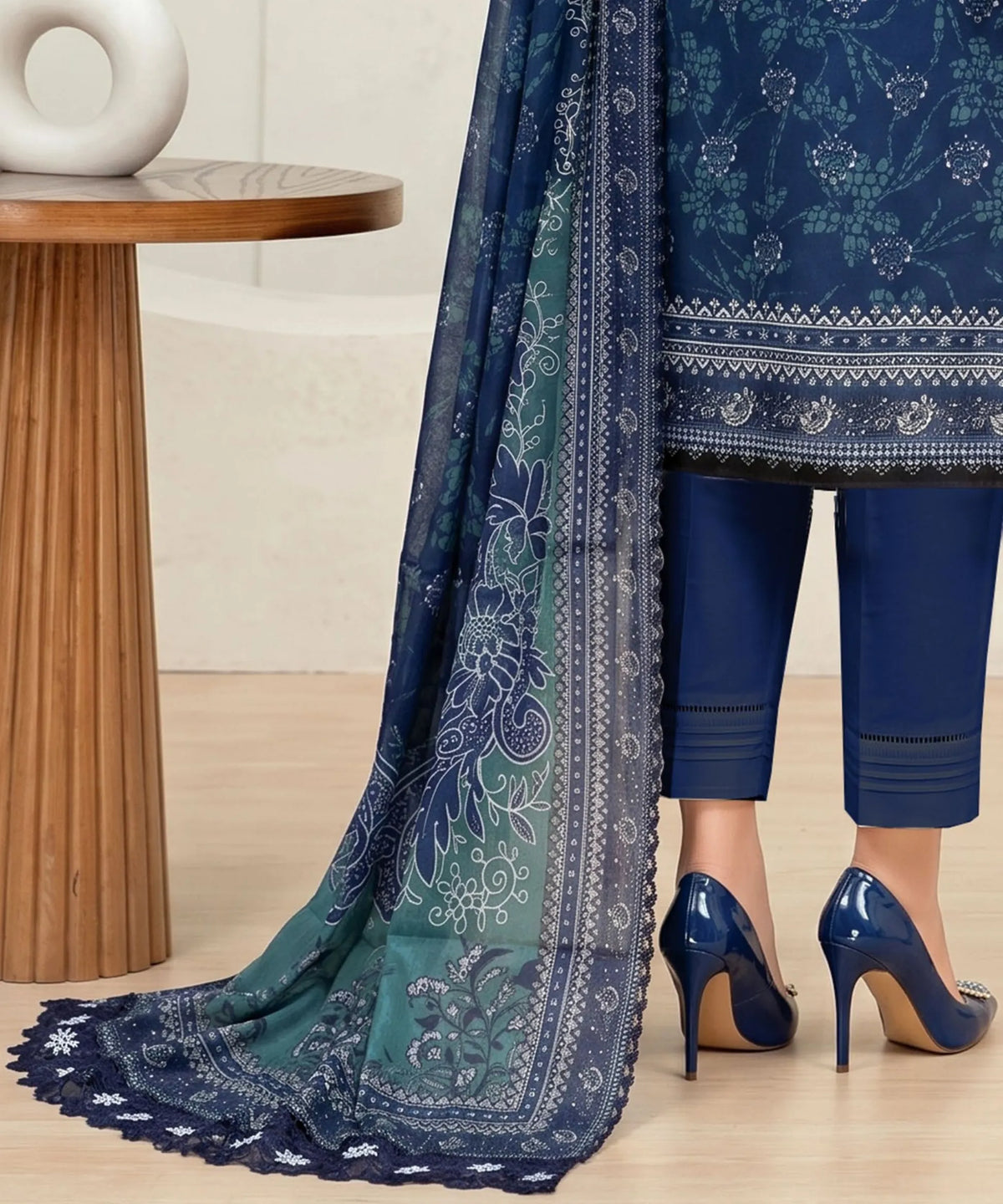 Delft Blue Unstitched 3PC Suit Printed Dupatta Design