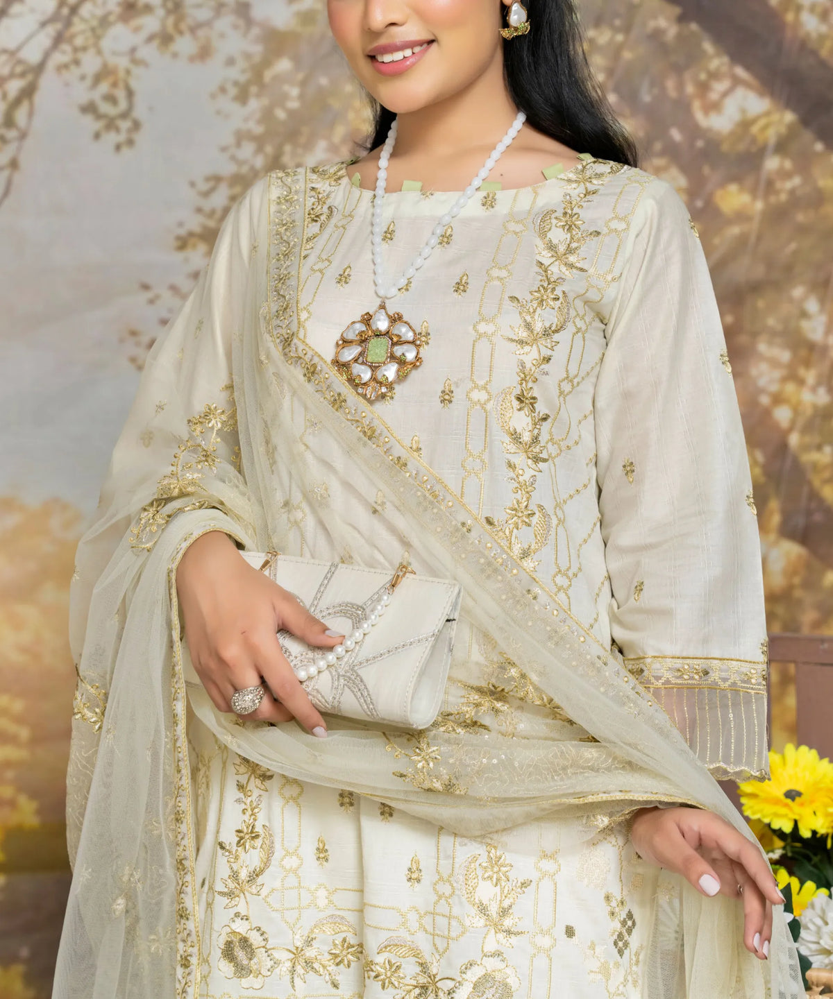Grey Embroidered Unstitched 3PC Suit Front View