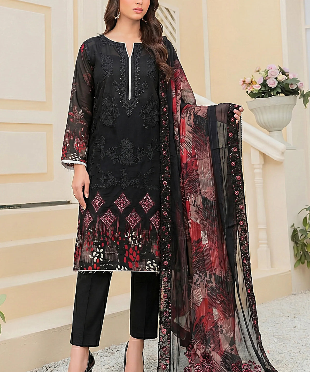 Husna Black Embroidered 3 Piece Suit Full View