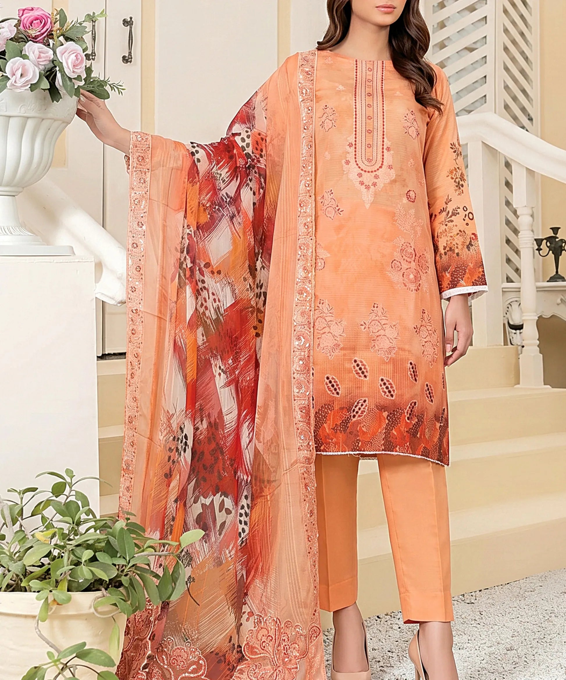 Light Orange Embroidered 3 Piece Suit Full View