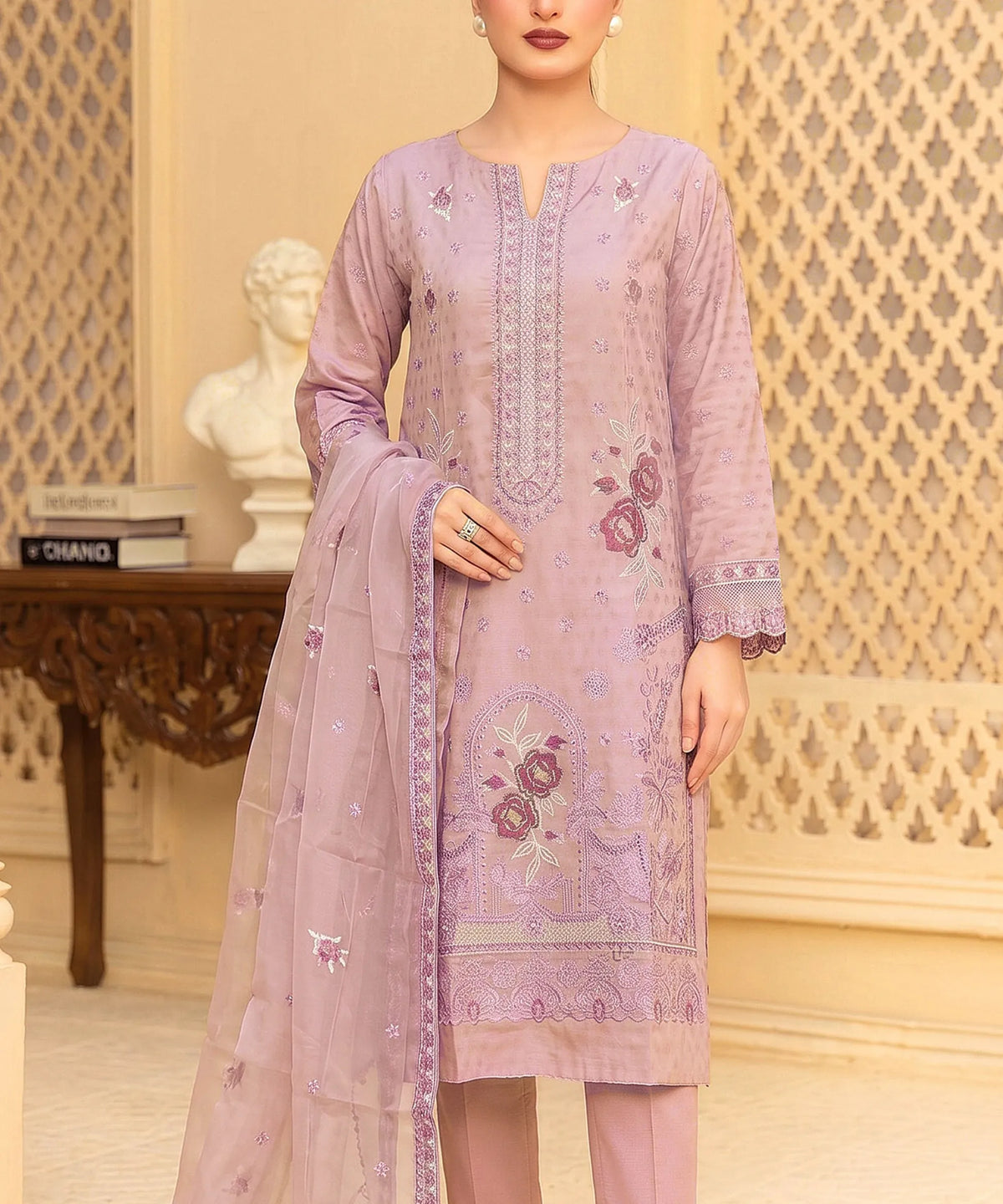 Light Purple Embroidered 3Piece Suit Full View1