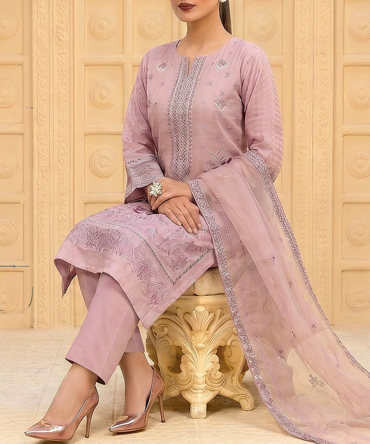 Light Purple Embroidered Unstitched 3PC Suit Sitting Pose2