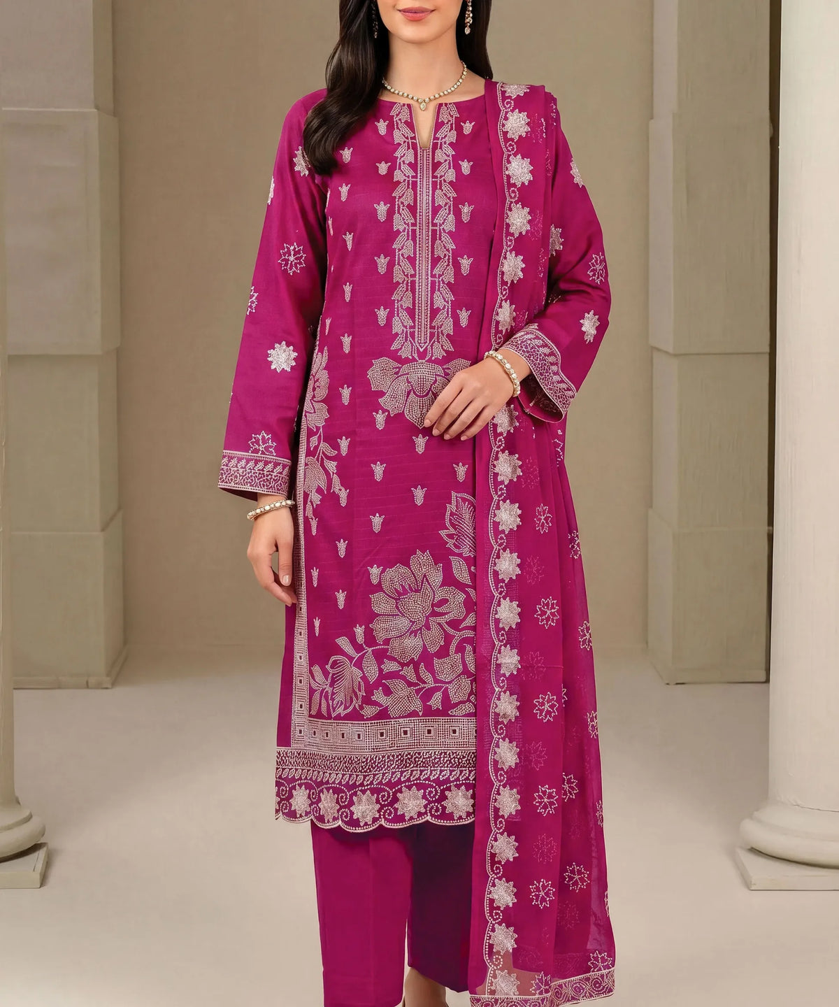 Magenta Embroidered 3Piece Suit Full View