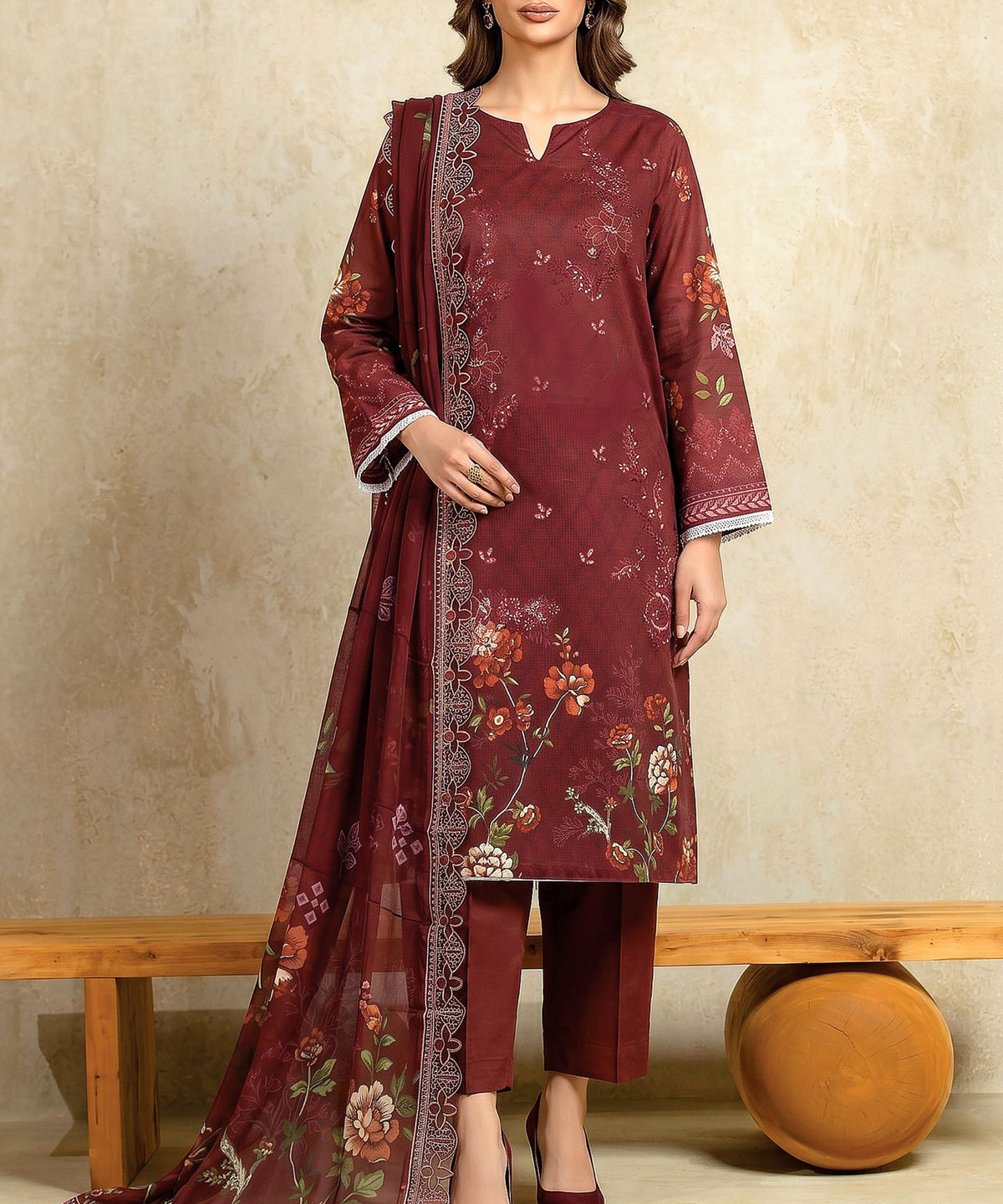 Maroon Embroidered 3 Piece Suit Full View