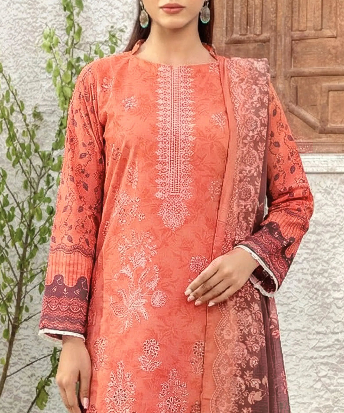 Multi Color Embroidered Unstitched Suit Neck line Embroidery Detail