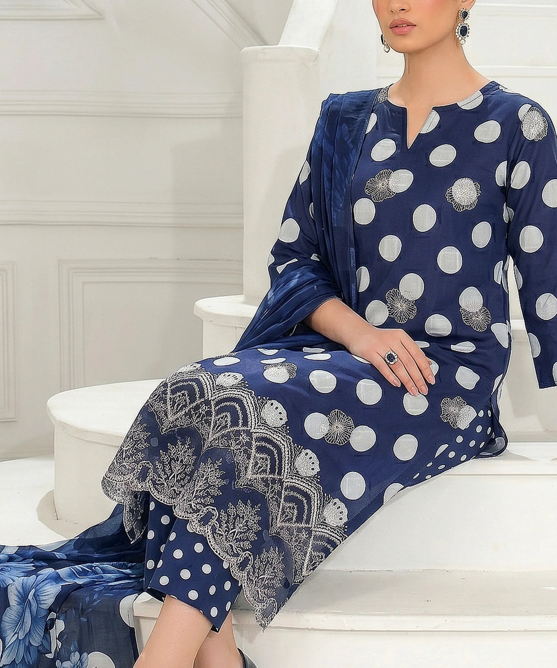 Navy Blue Embroidered 3Piece Suit Full Sitting View