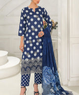 Navy Blue Embroidered Unstitched 3PC Suit Front View