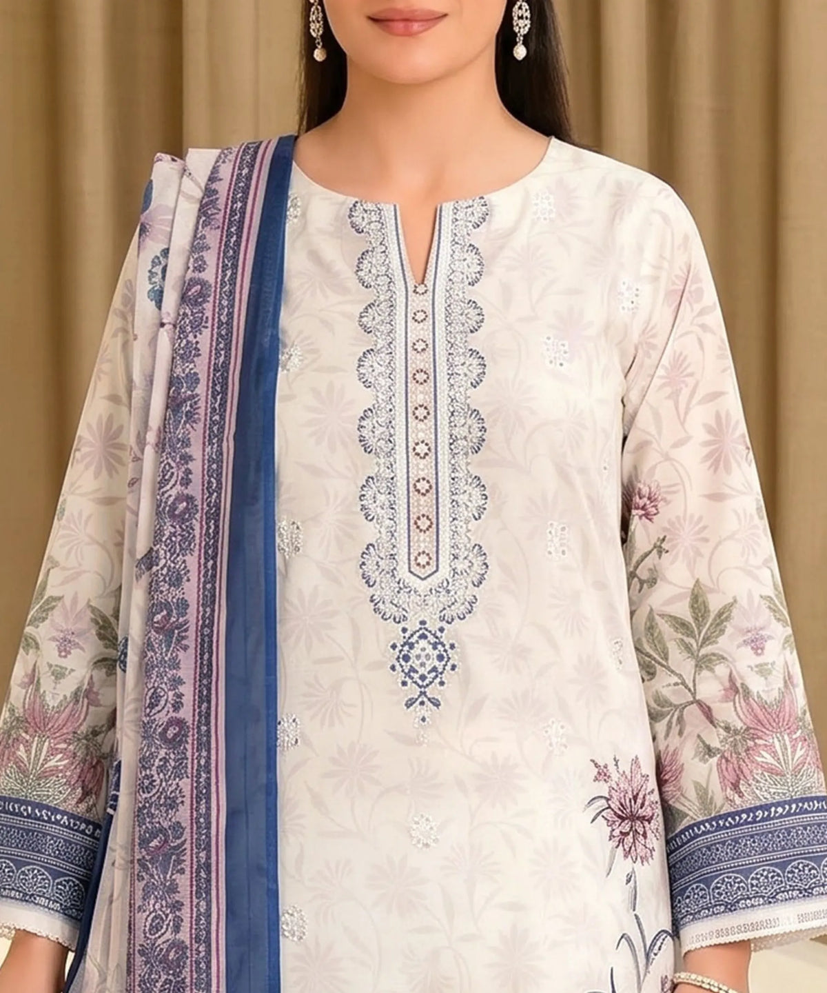 Off White Embroidered Unstitched Suit Embroidery Detail