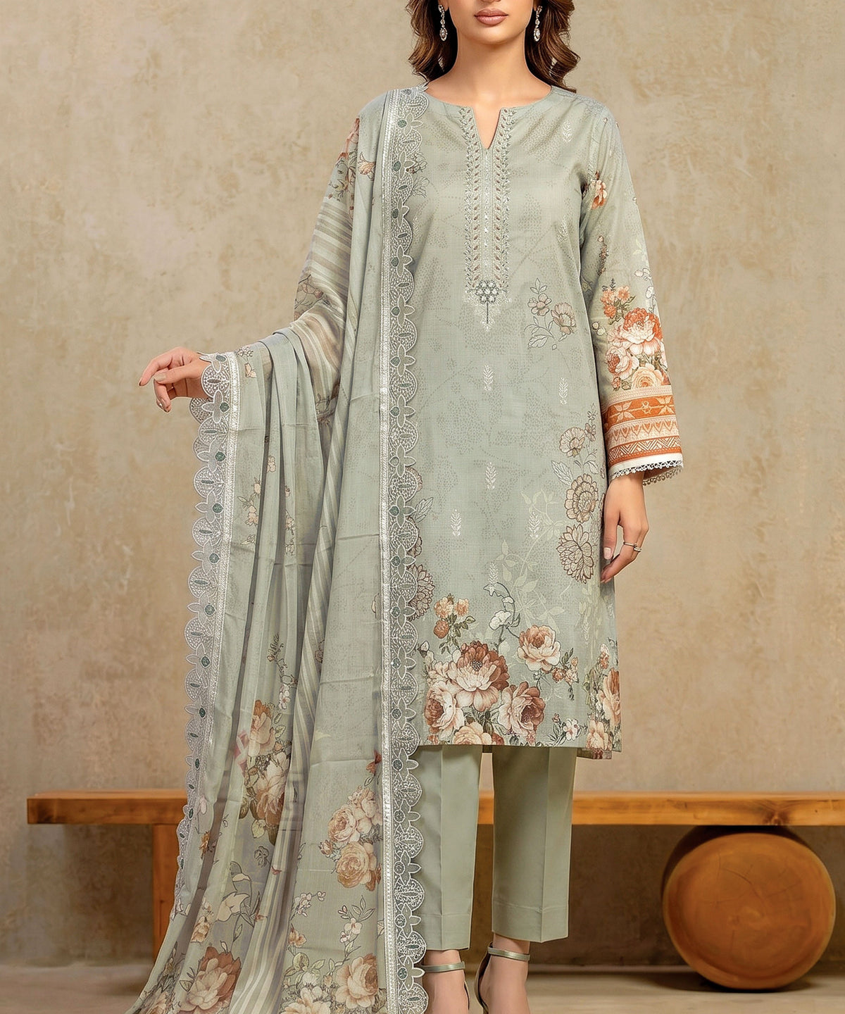 Olive Green Embroidered 3 Piece Suit Full View