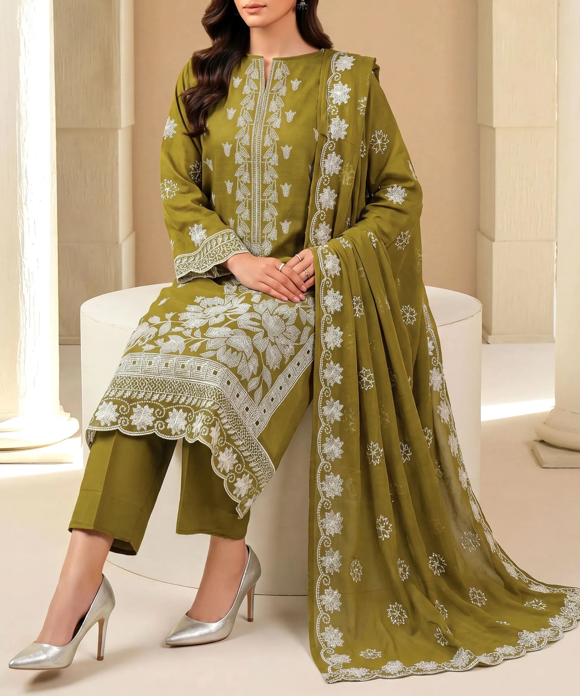 Olive Embroidered 3Piece Suit Full Sitting View