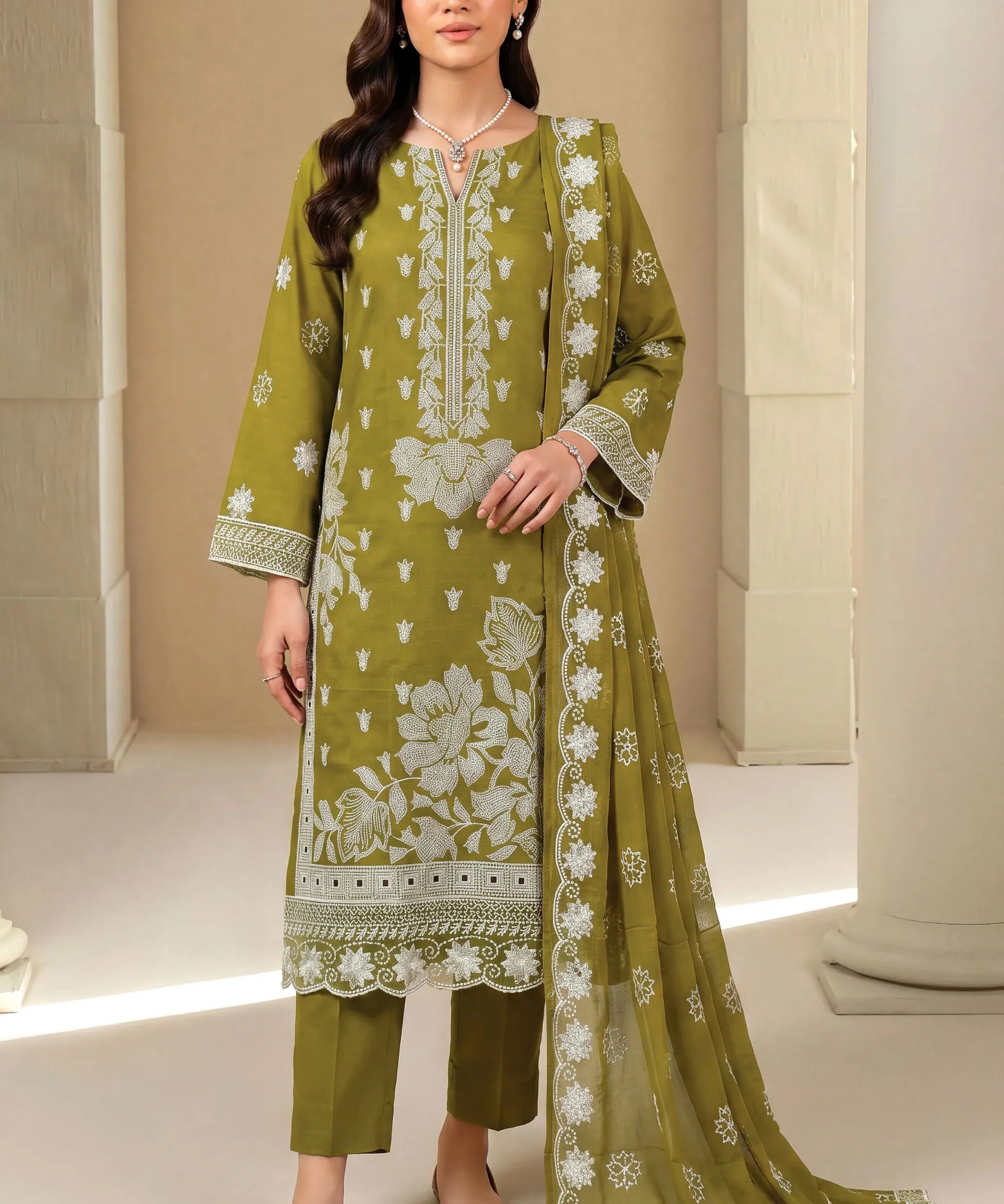 Olive Embroidered 3Piece Suit Full View