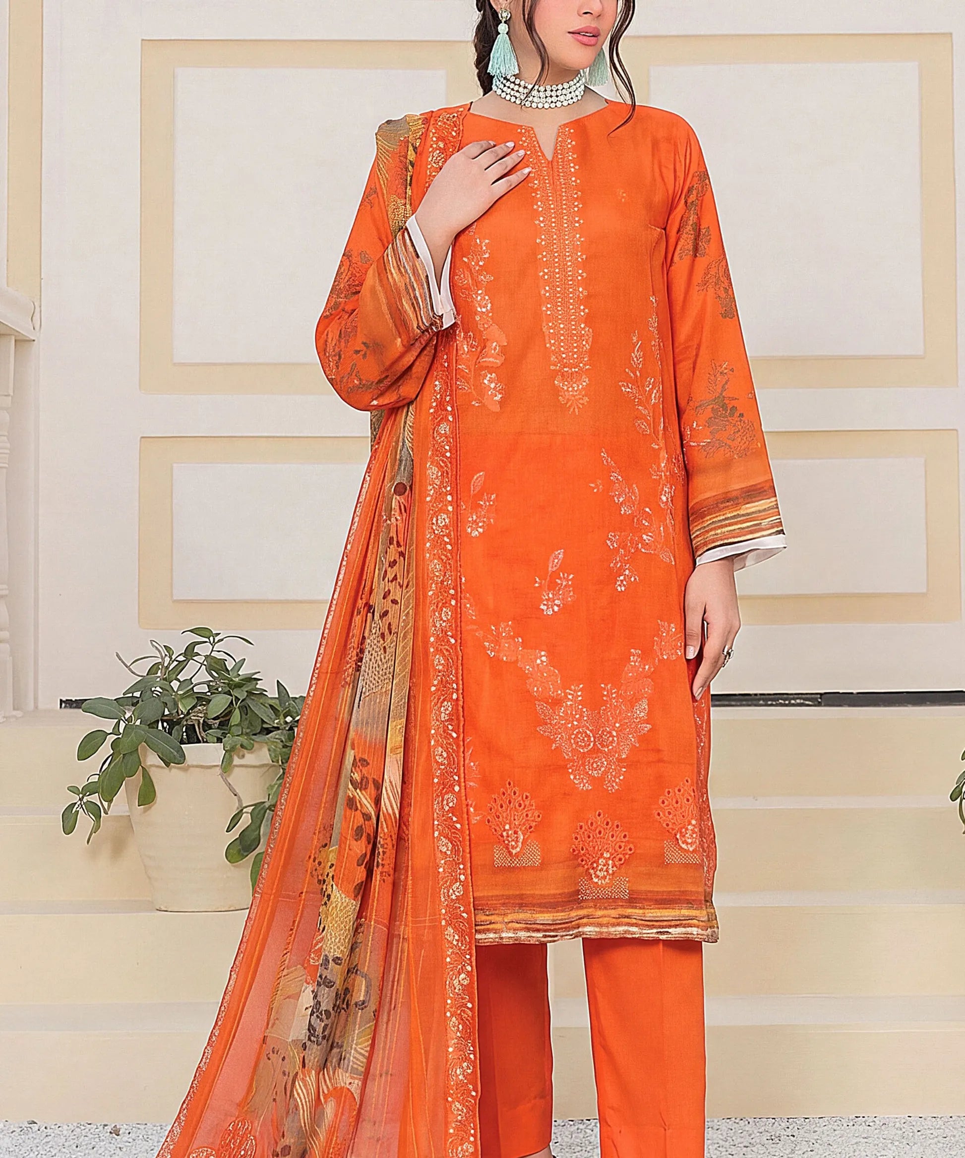 Orange Embroidered 3 Piece Suit Full View