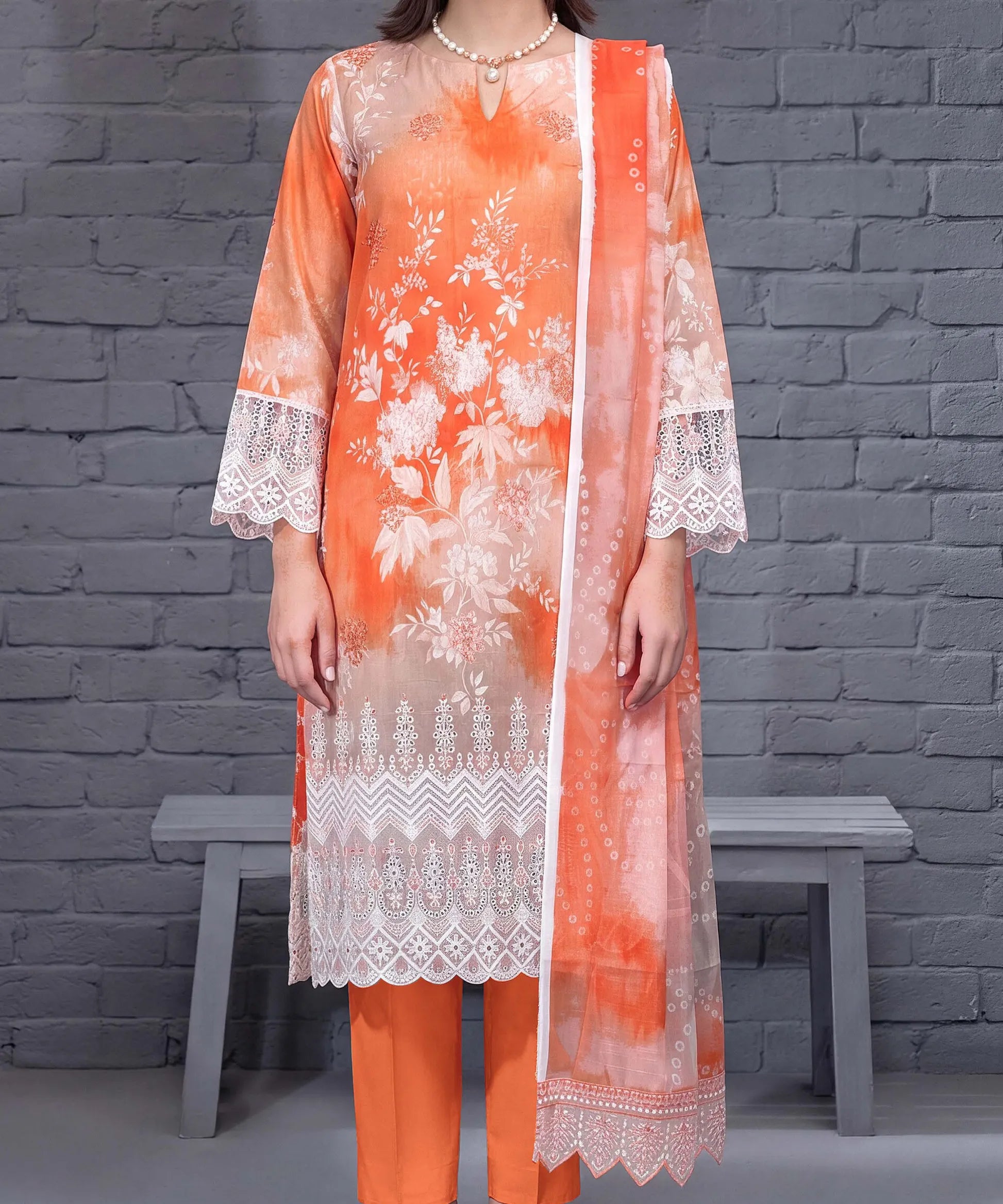 Orange Embroidered Unstitched 3 Piece Suit Full View
