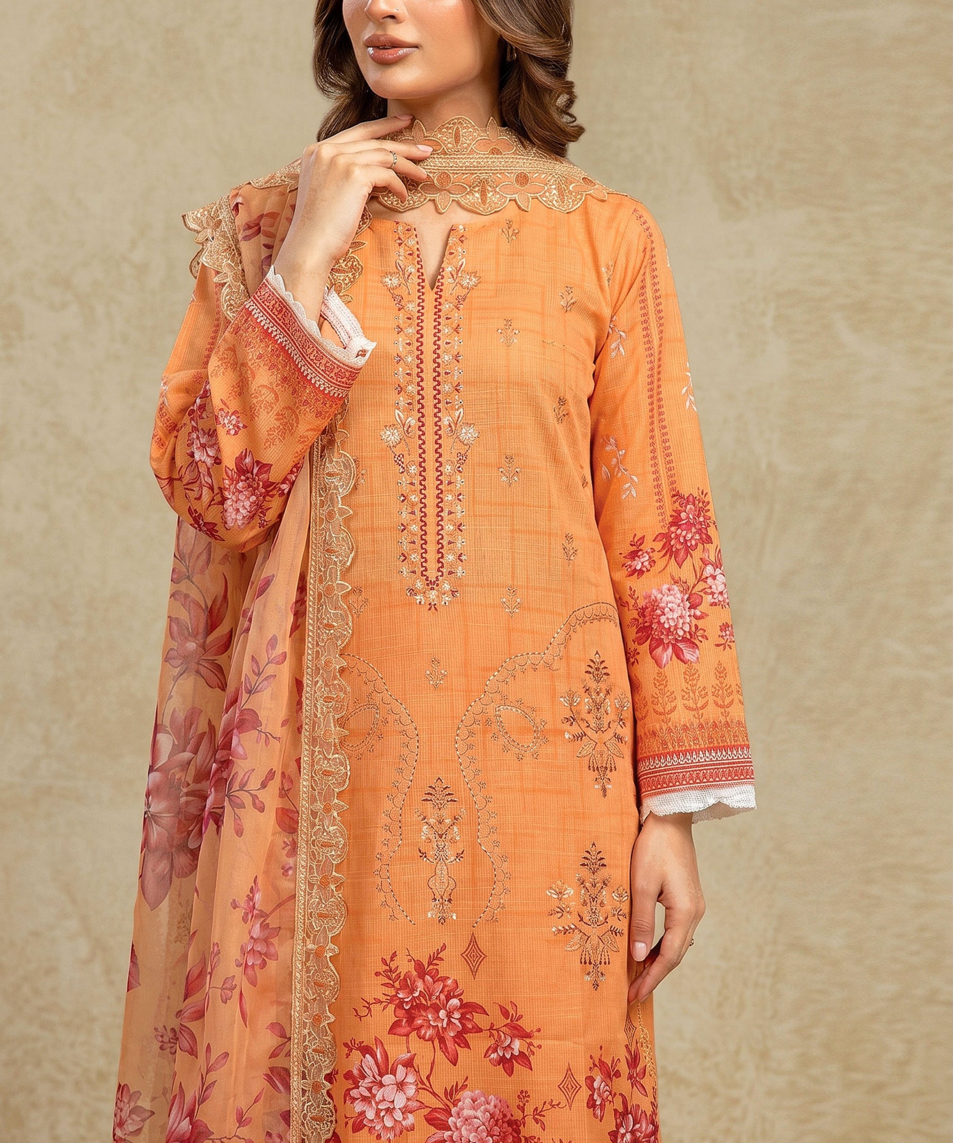 Orange Embroidered Unstitched Suit Embroidery Detail