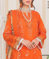 Orange Embroidered Unstitched Suit Neck line Embroidery Detail