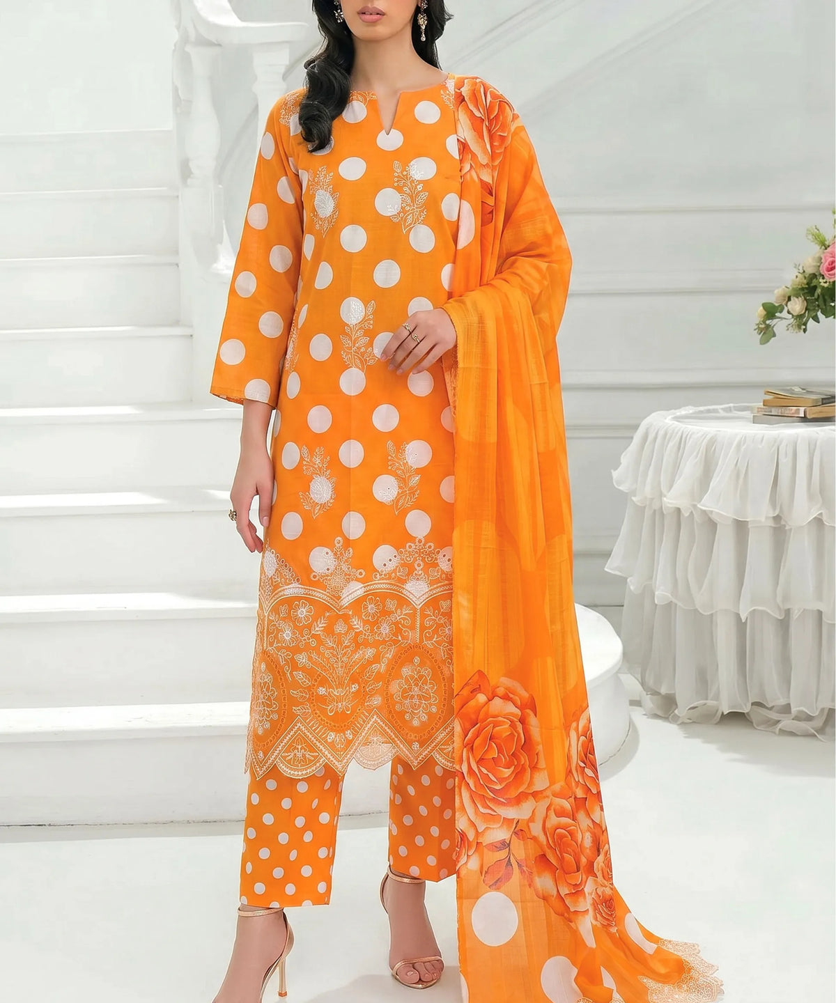 Orange Embroidered 3Piece Suit Full View