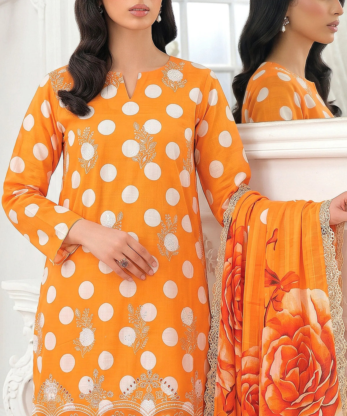 Orange Embroidered Unstitched 3PC Suit Front View