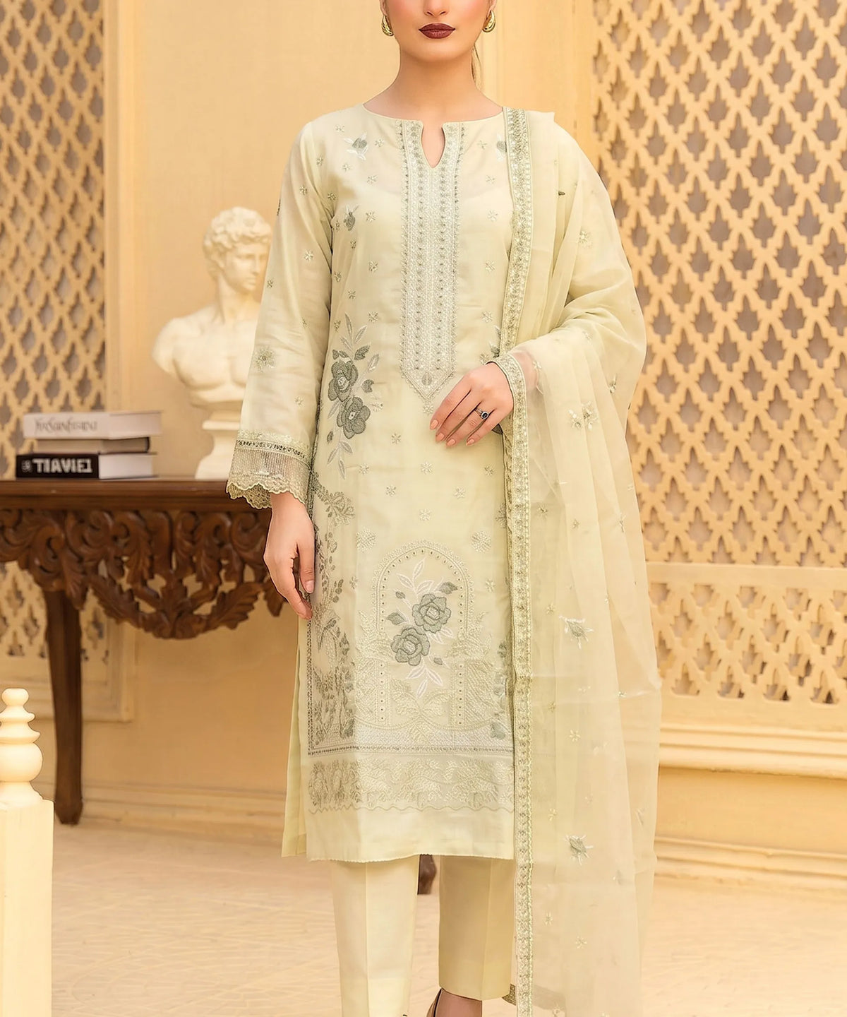Pale Color Embroidered 3Piece Suit Full View