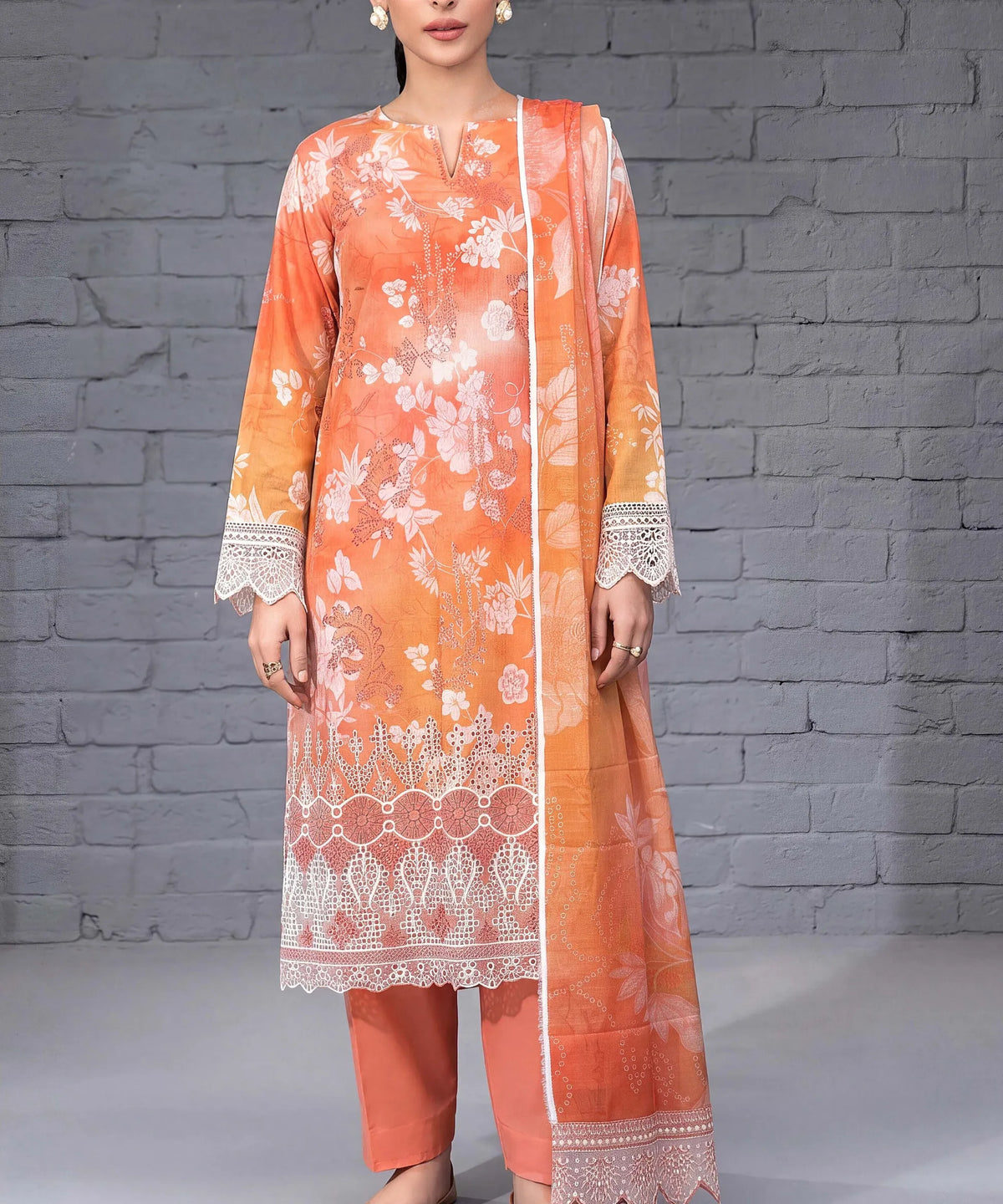 Peach Embroidered 3 Piece Suit Full View