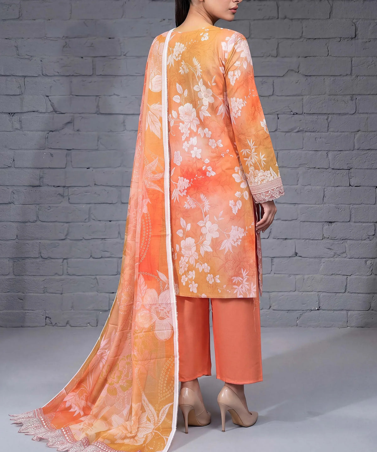 Peach Embroidered Unstitched Suit Back Design