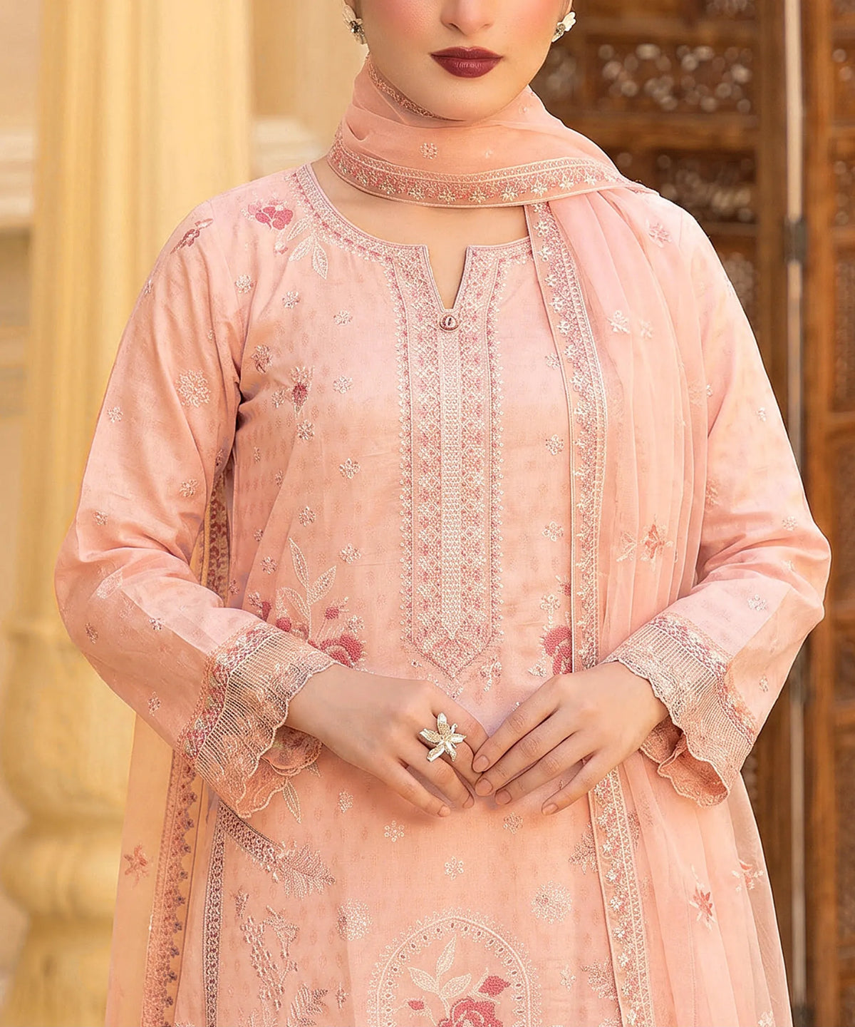 Pink Embroidered Unstitched Suit Embroidery Detail 0