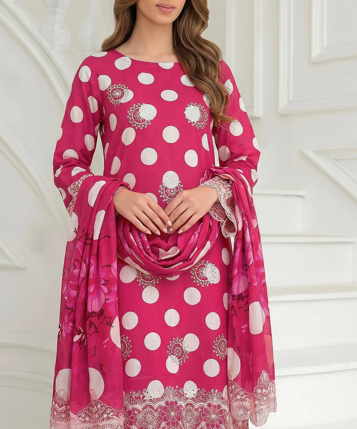 Pink Embroidered Unstitched 3PC Suit Front View