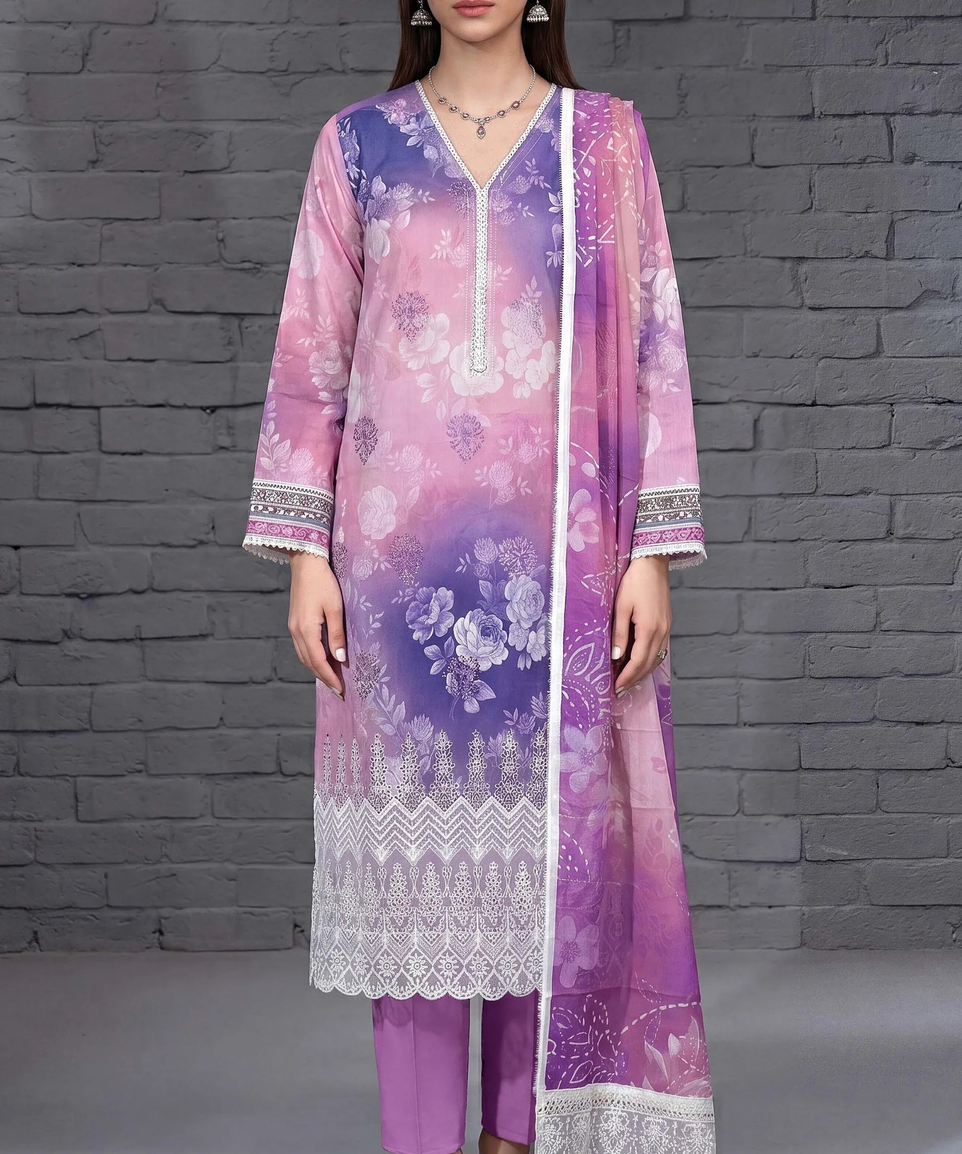 Pink and Purple Embroidered 3 Piece Suit