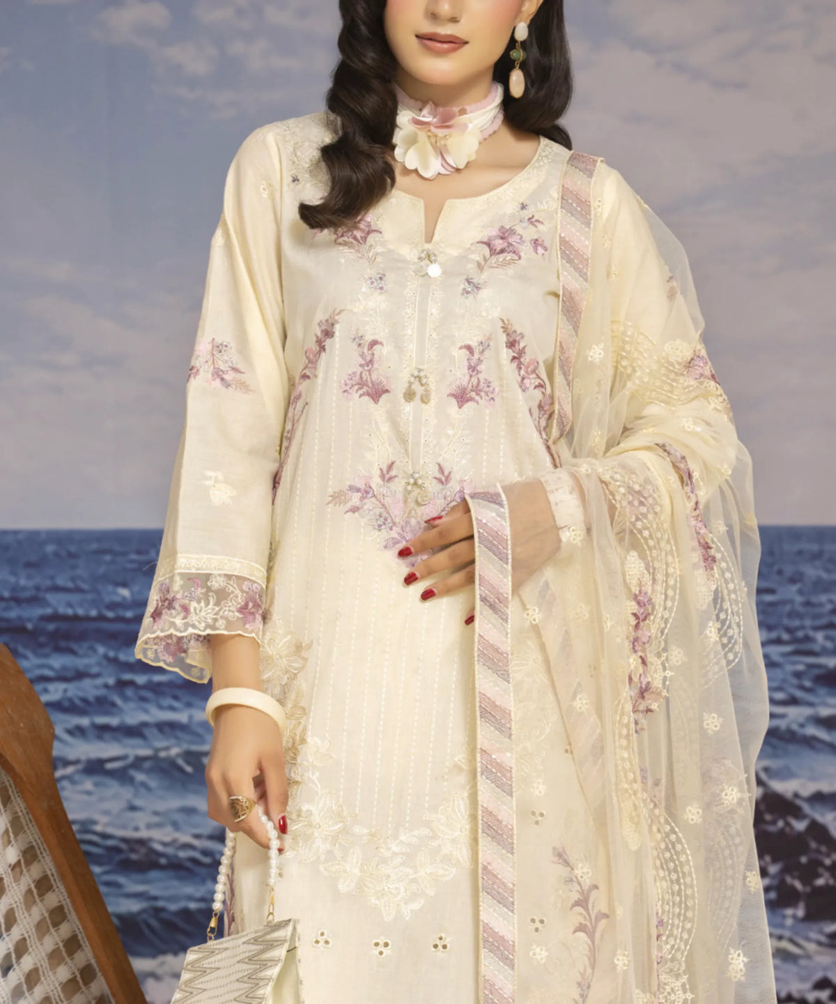 Premium Beige Embroidered Unstitched Suit Neckline Embroidery Detail view