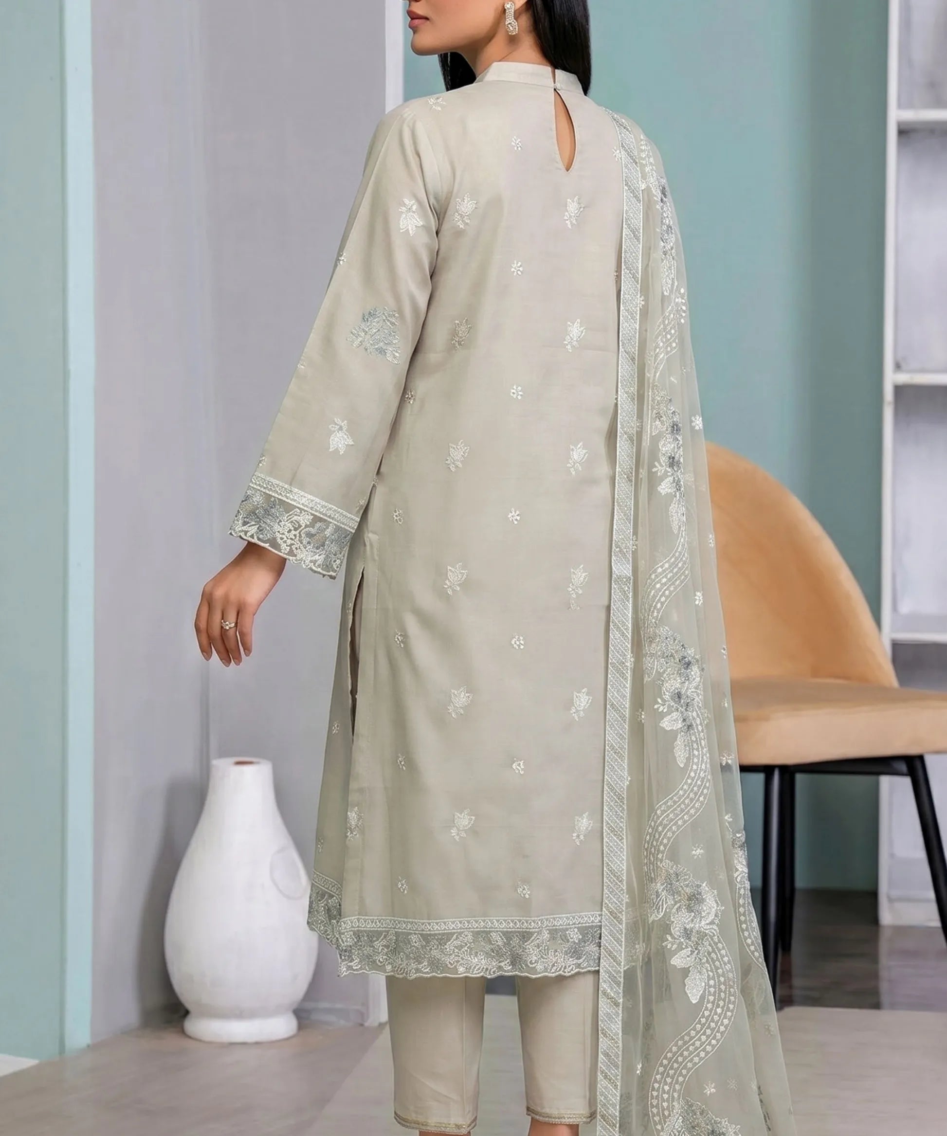 Premium Beige Unstitched 3PC Suit Shirt Back View