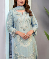 Premium Blue Embroidered Unstitched 3PC Suit Front View
