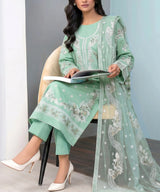 Premium Light Blue Embroidered Unstitched 3PC Suit Sitting Pose