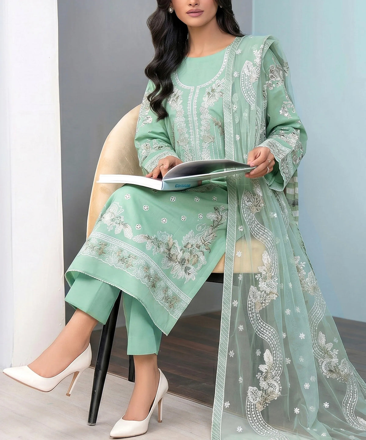 Premium Light Blue Embroidered Unstitched 3PC Suit Sitting Pose