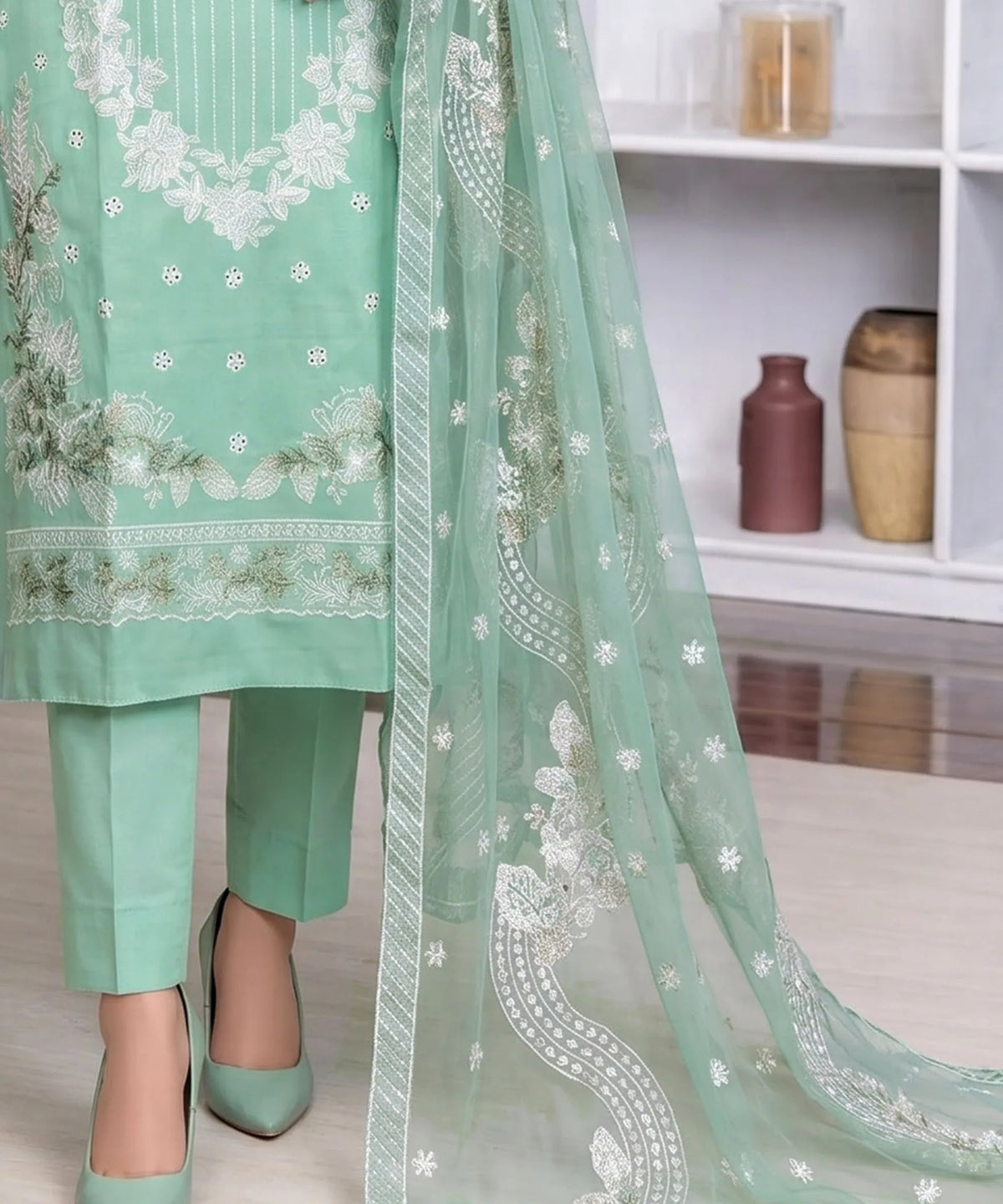 Premium Light Blue Unstitched 3PC Suit Printed Dupatta Design