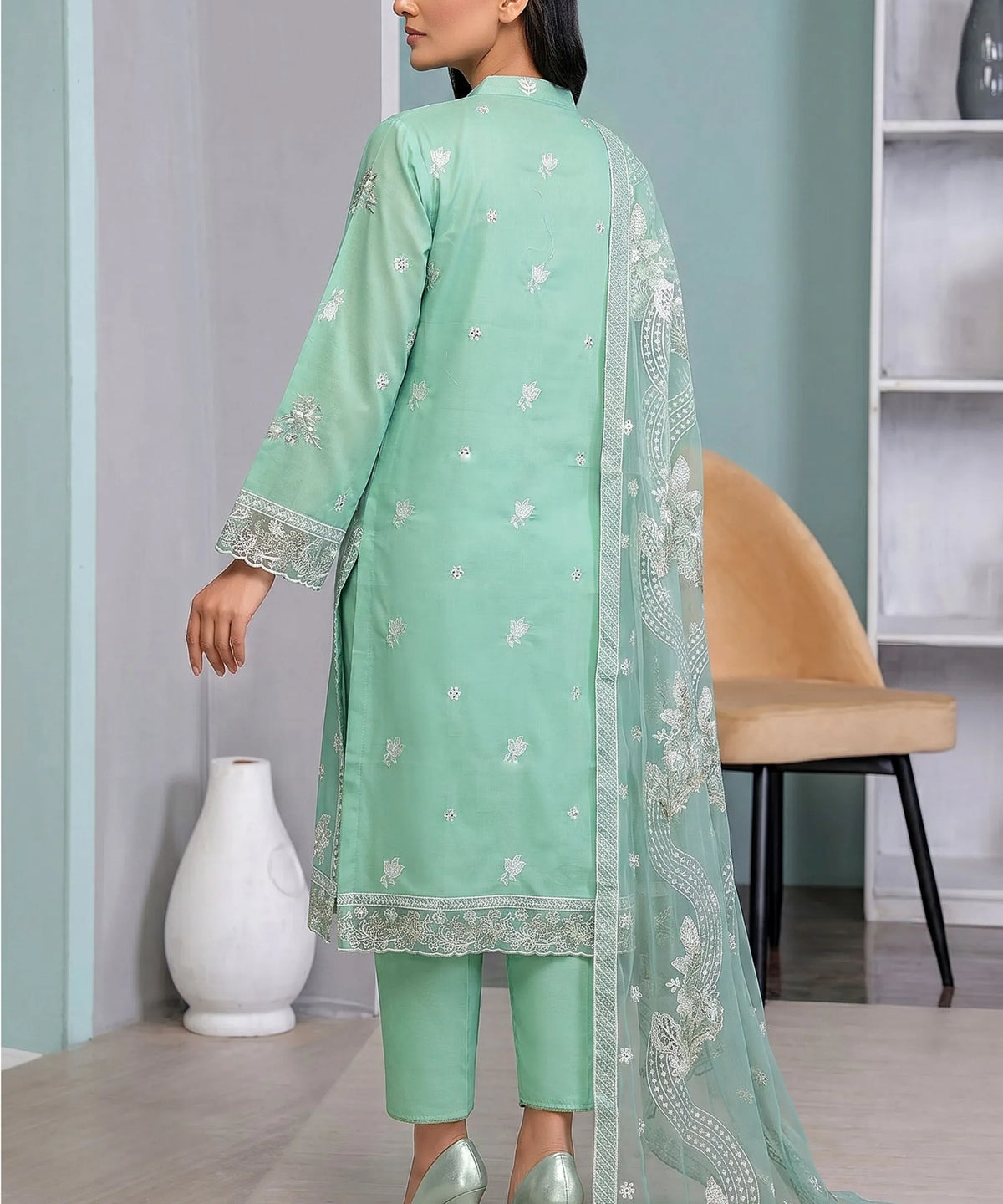 Premium Light Blue Unstitched 3PC Suit Shirt Back View
