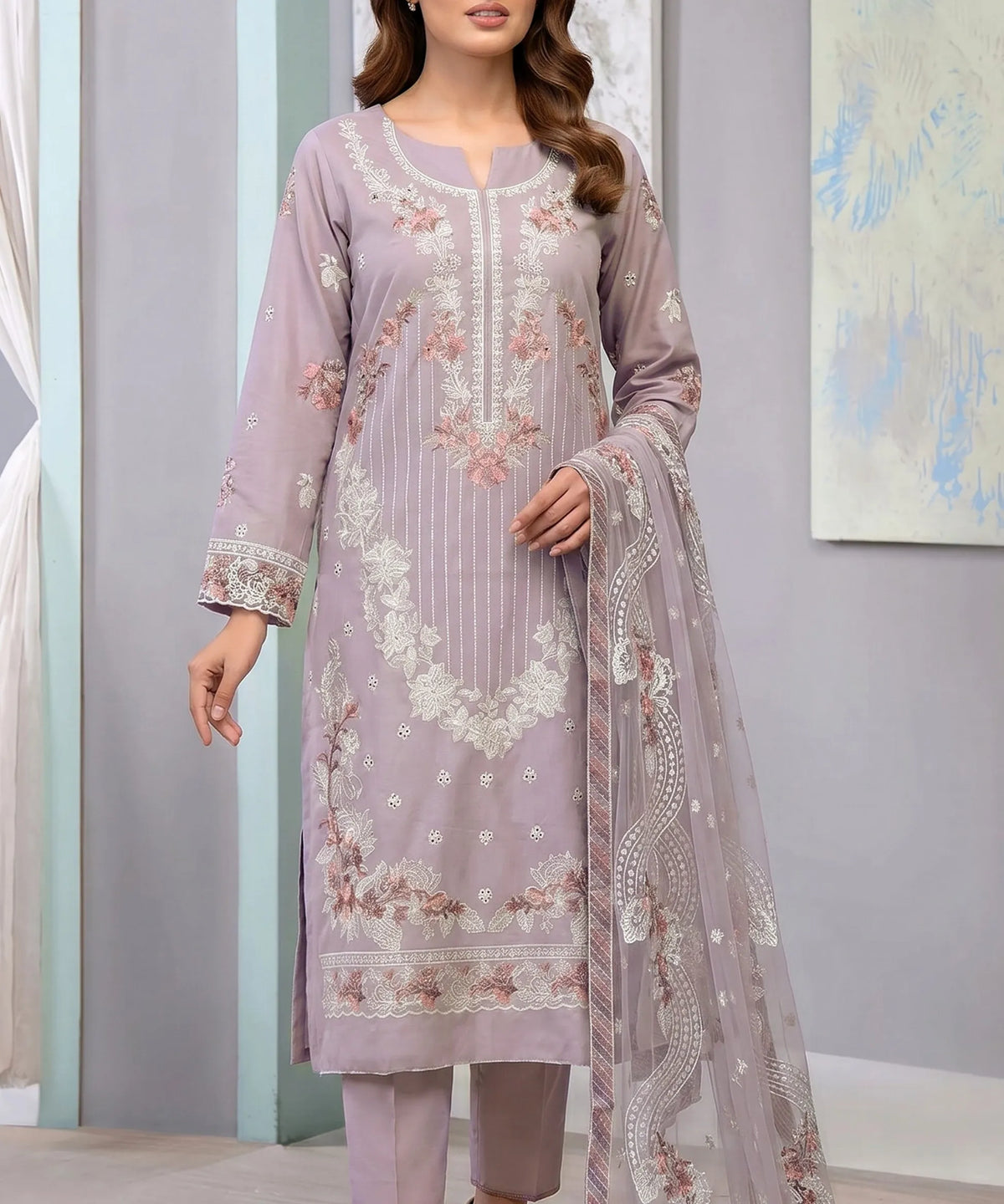 Premium Purple Embroidered 3Piece Suit Full View