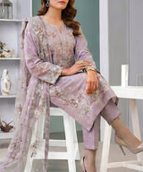 Premium Purple Embroidered Unstitched 3PC Suit Sitting Pose