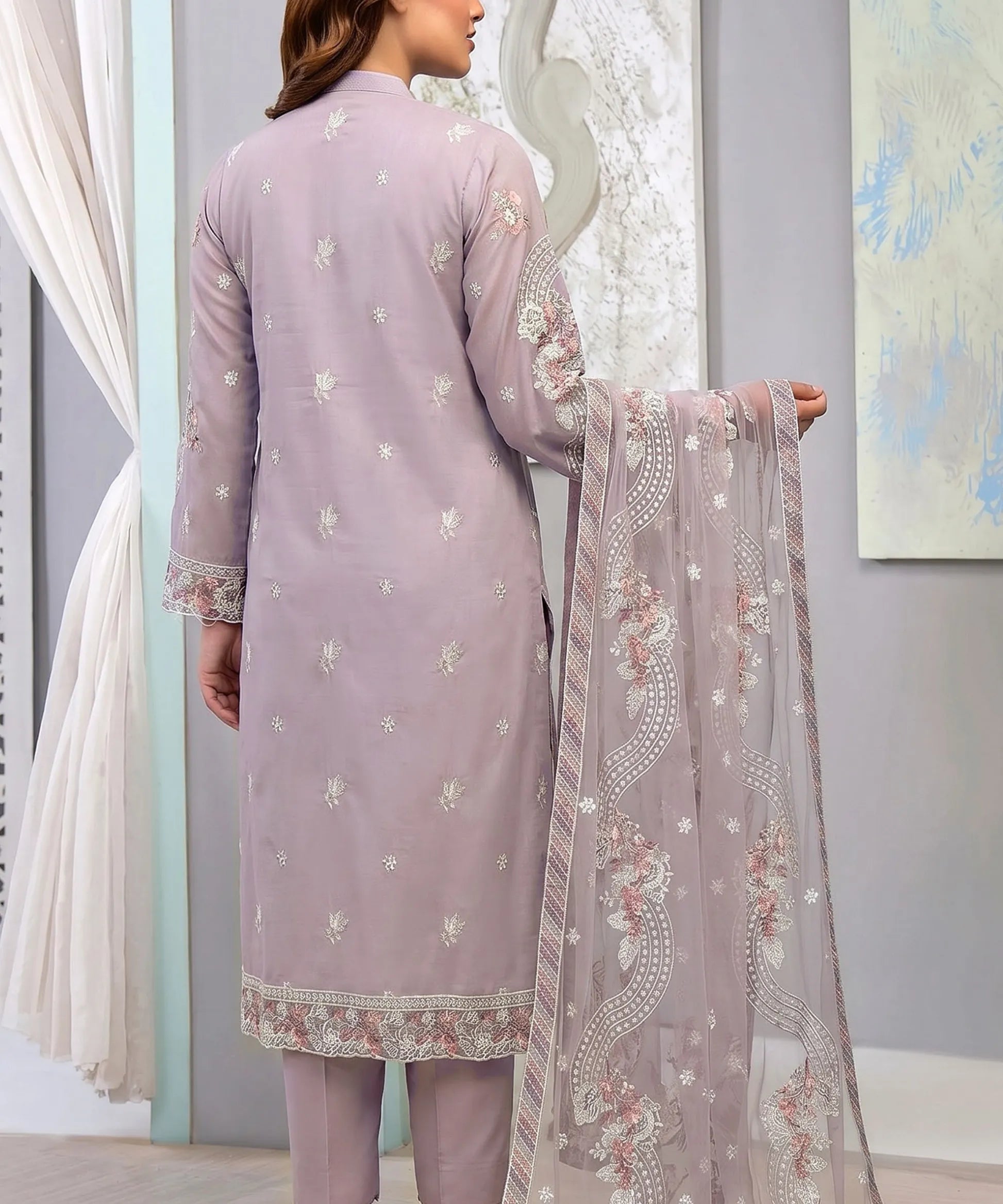 Premium Purple Unstitched 3PC Suit Shirt Back View