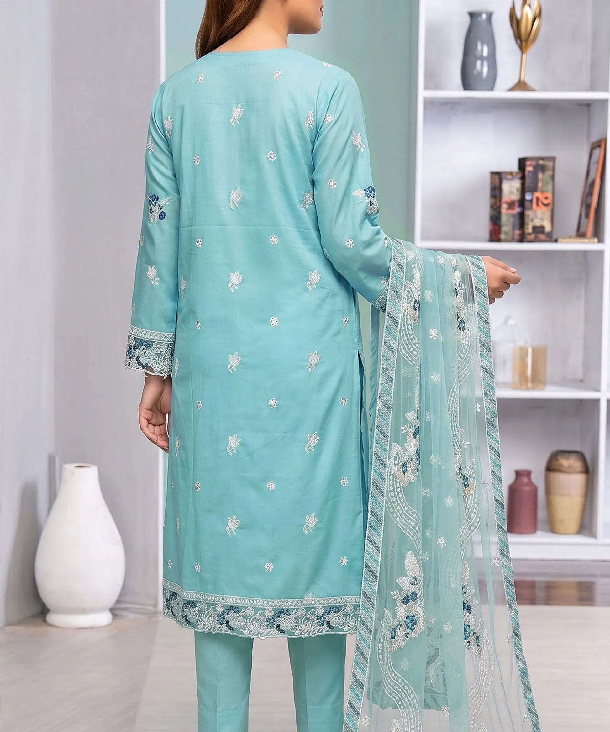 Premium Sky Blue Unstitched 3PC Suit Shirt Back View