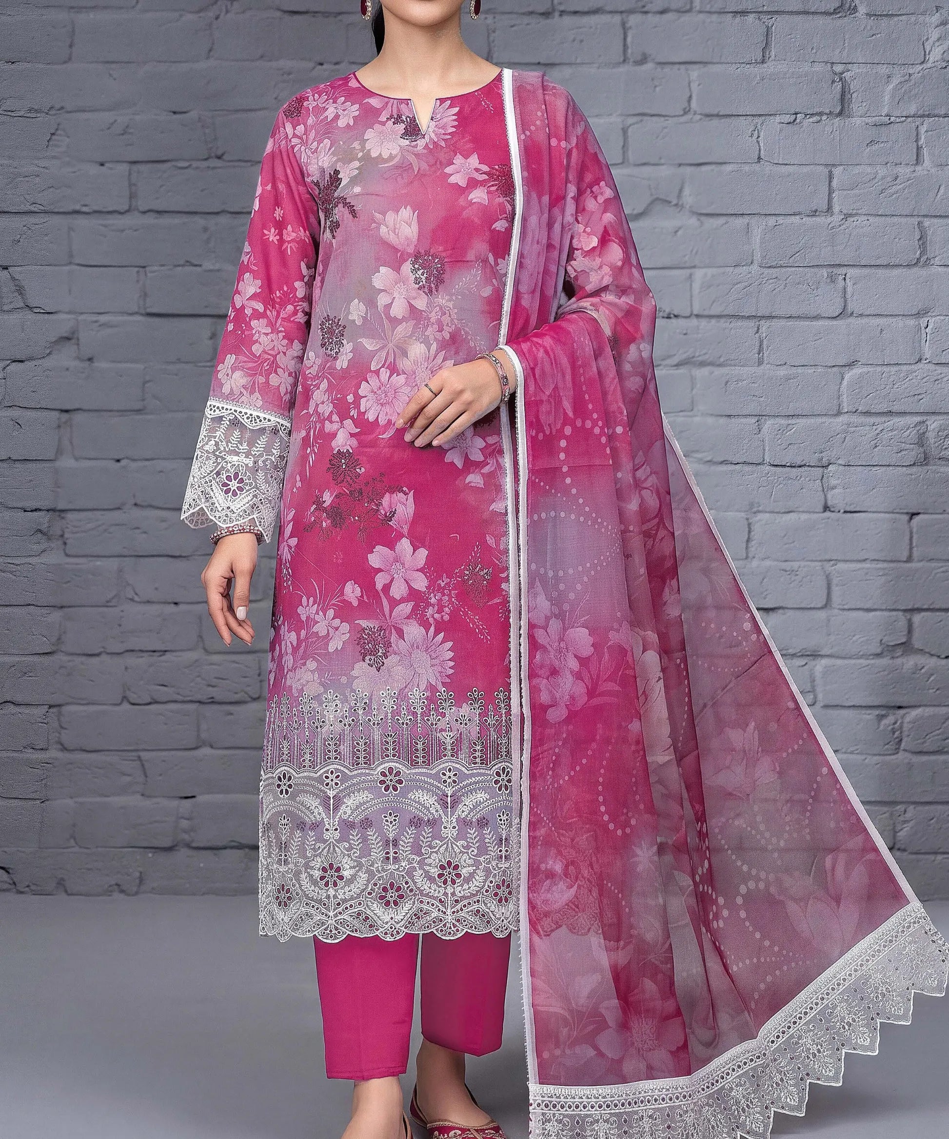 Raspberry Pink Embroidered 3 Piece Suit Full View