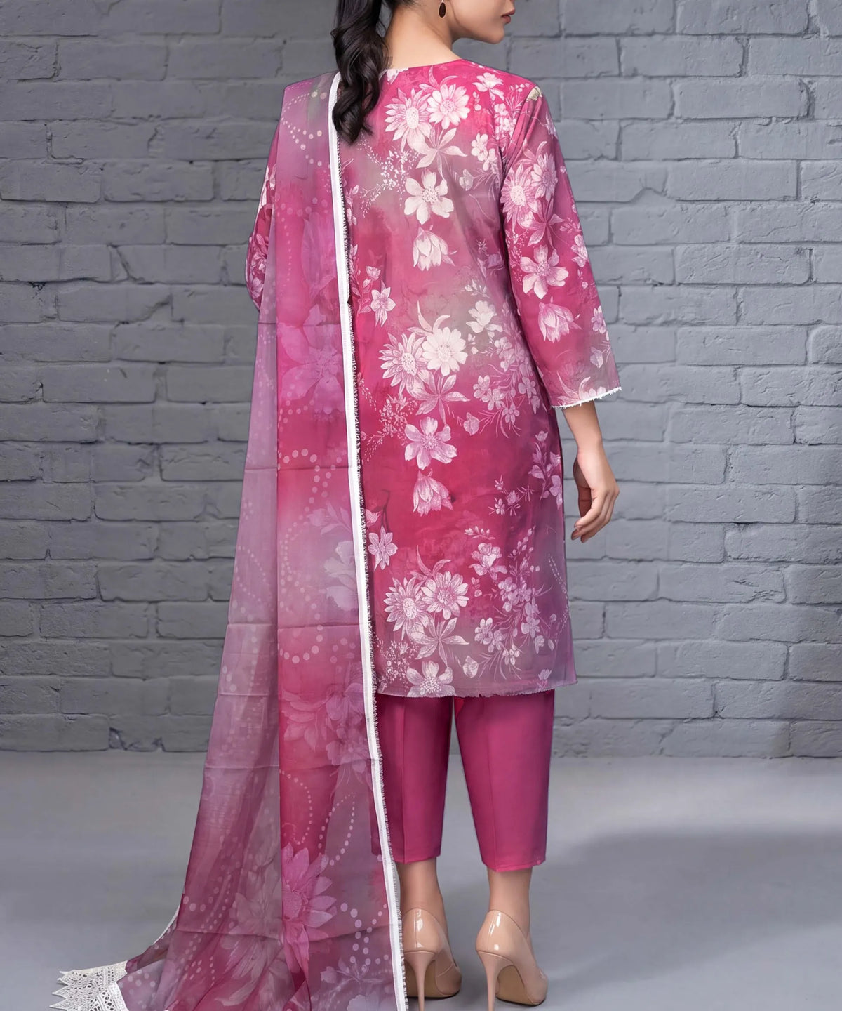 Raspberry Pink Embroidered Unstitched Suit Back Design