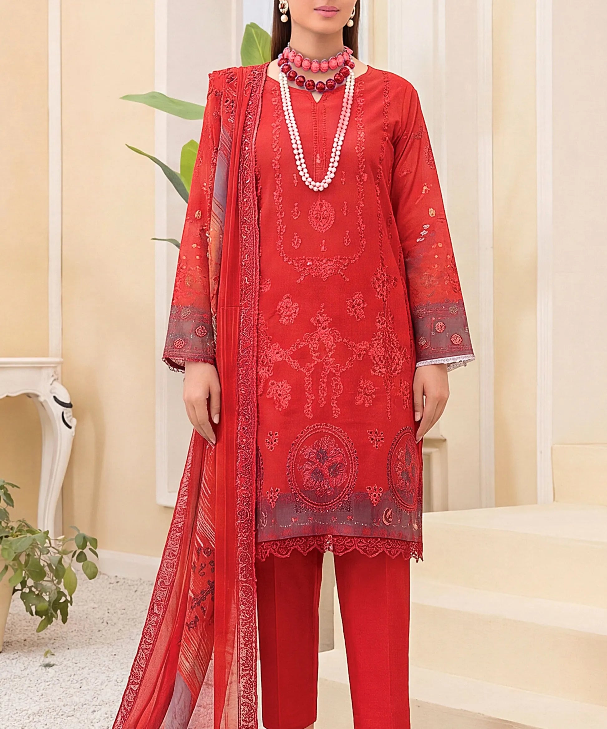 Red Embroidered 3Piece Suit Full View