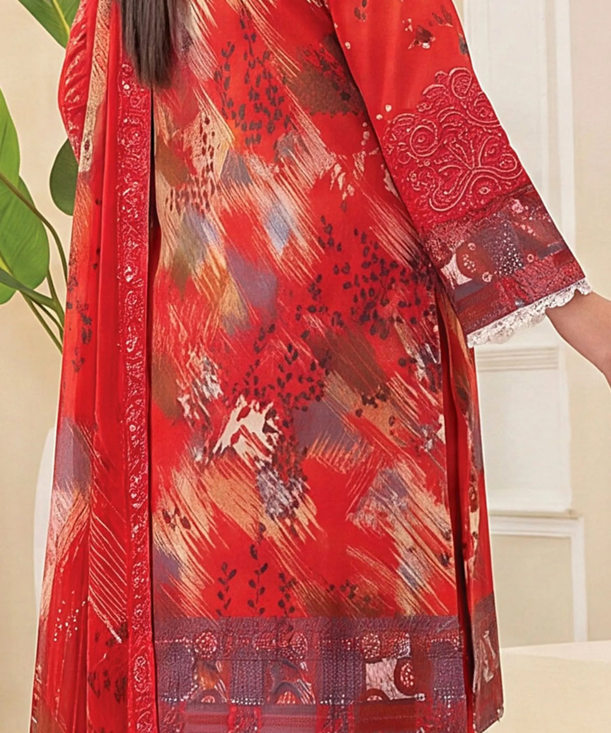 Red Embroidered Unstitched Suit Back Design