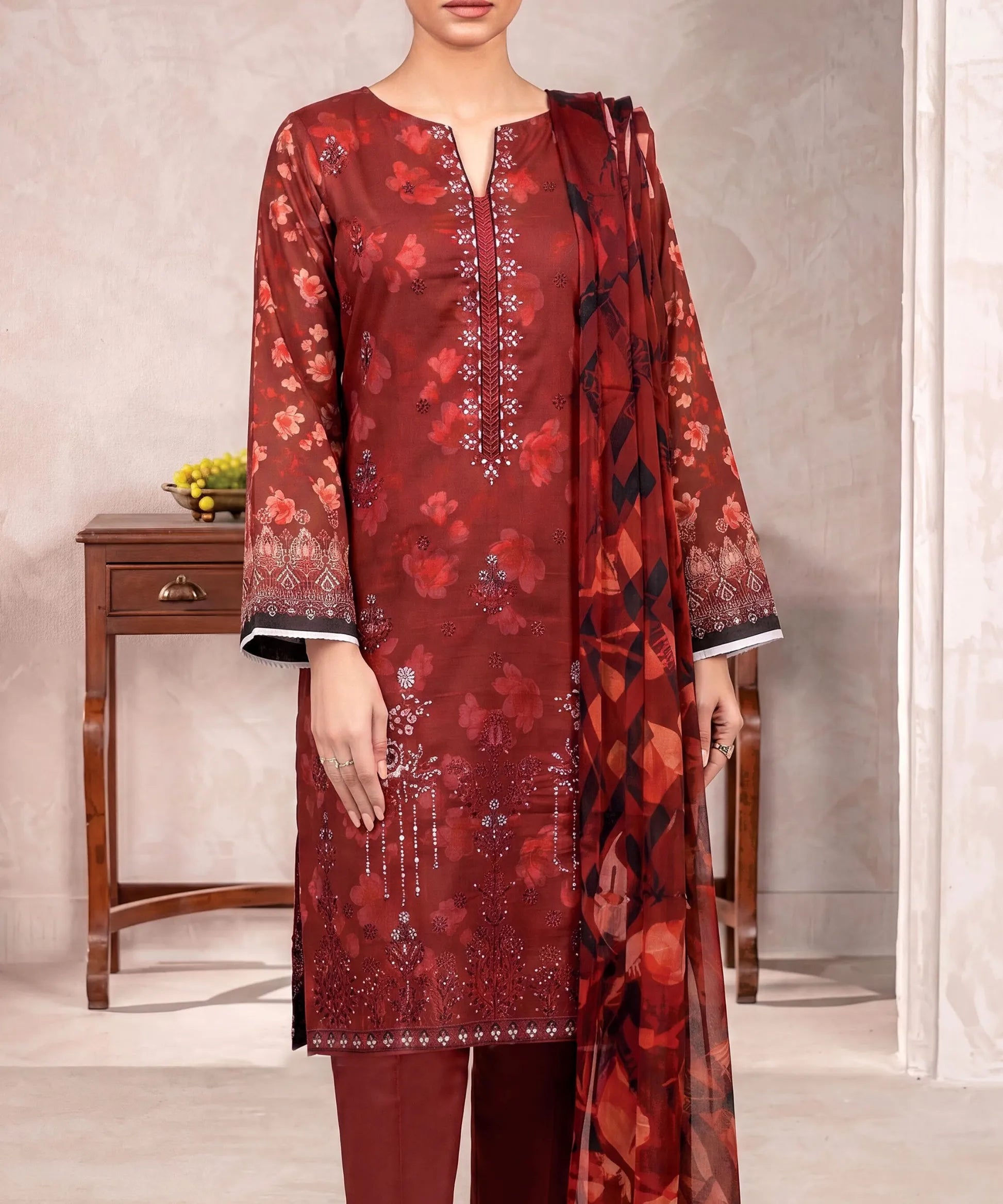 Red Embroidered 3Piece Suit Full View